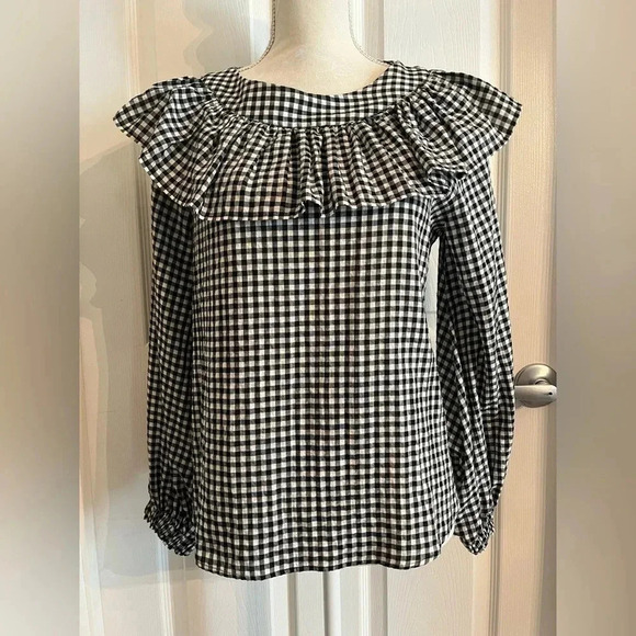 Zara Gingham printed Ruffled black/ white Blouse size S‎ - Picture 2 of 11